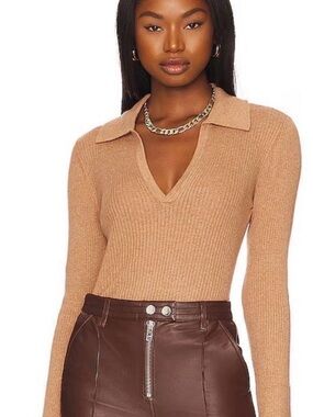 PAIGE Ribbed V-Neck Sweater in Camel Brown
